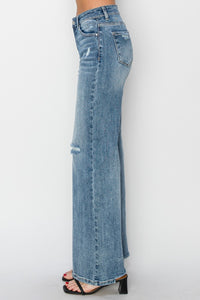 Women's Western High Waist Wide Leg Blue Jeans