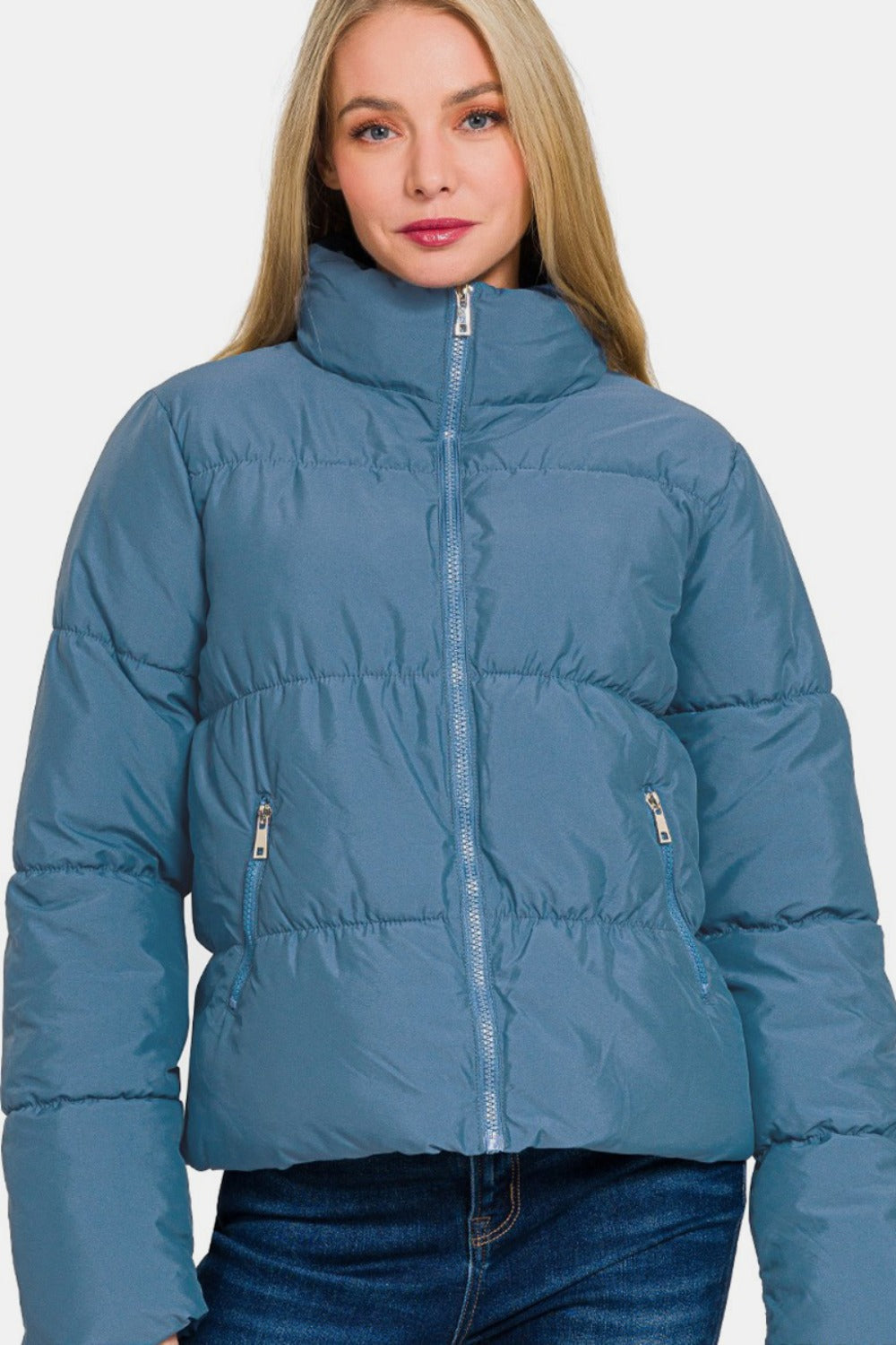 Women's Blue Zip Up Turtleneck Puffer Jacket with Pockets