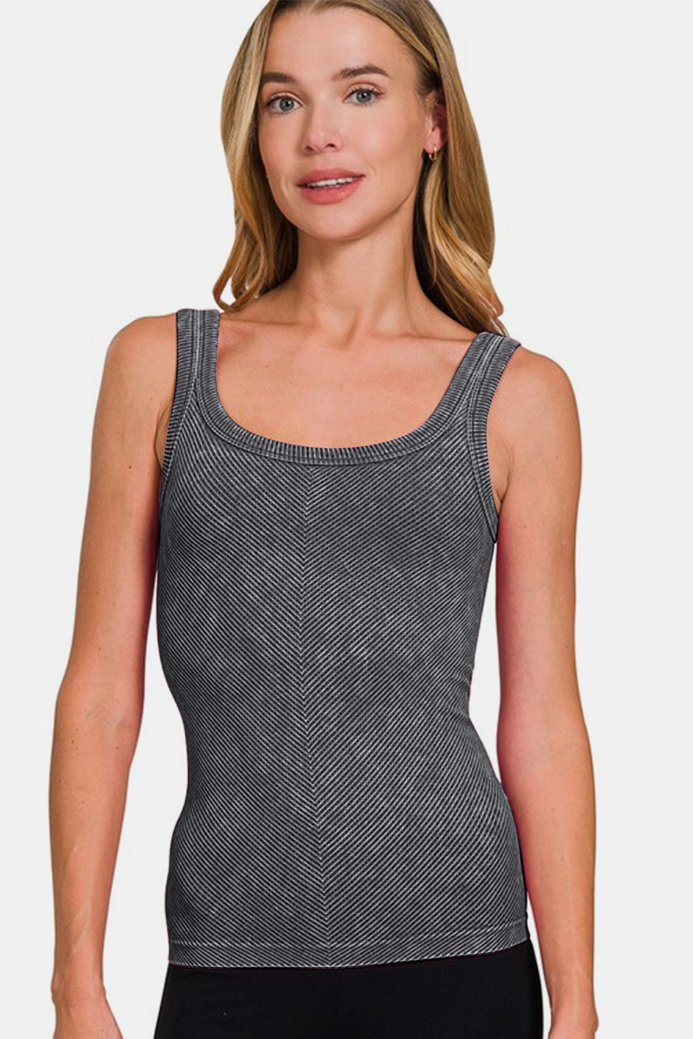 Women's Black Ribbed Chevron Low Scoop Tank Top