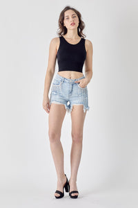 Women's Light Blue Frayed Rhinestone Pockets Denim Shorts