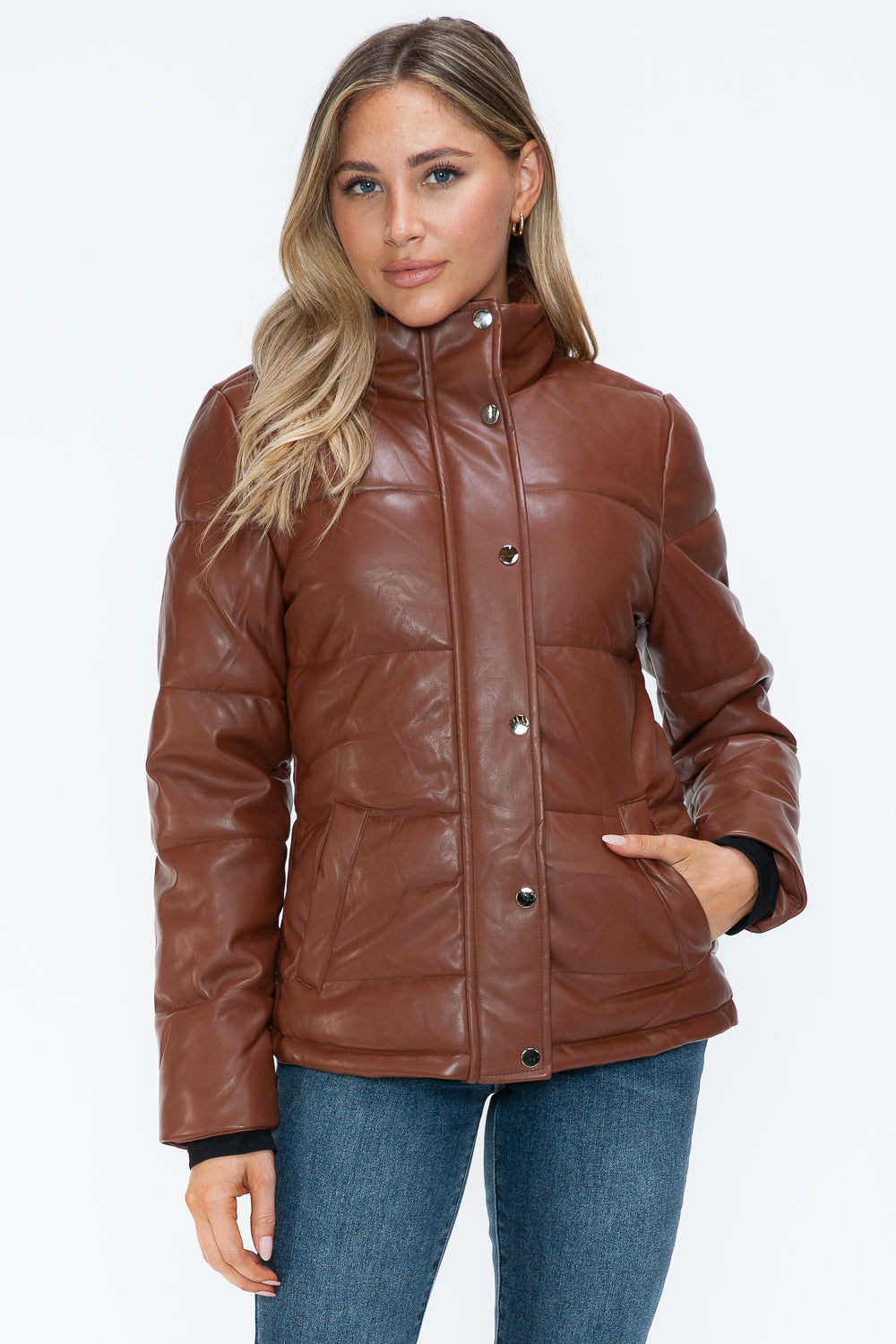 Women's Brown Pocketed Zip Up Turtleneck Puffer Jacket