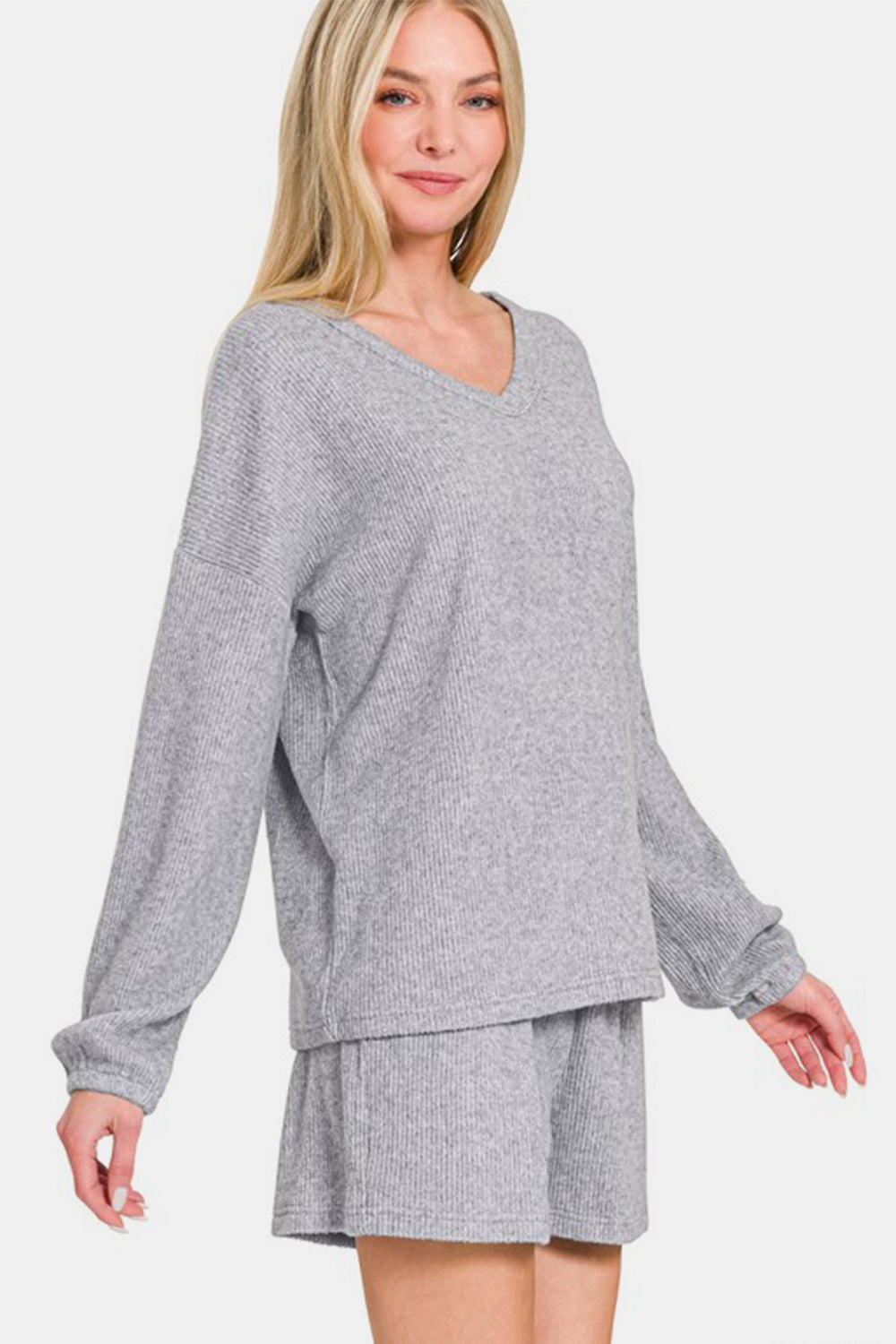 Womens Light Grey V-Neck Long Sleeve Ribbed Top and Shorts Lounge Set