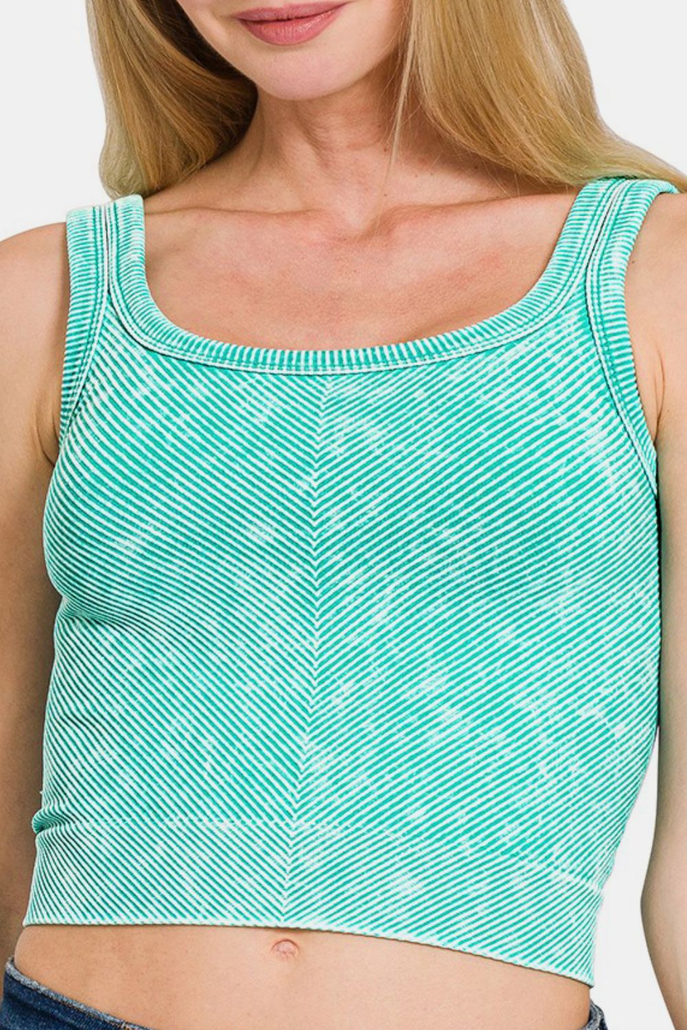 Women's Jade Green Ribbed Chevron Wide Neck Tank Top