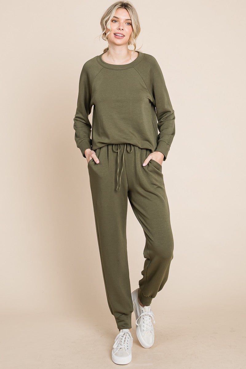 Olive Lady Round Neck Raglan Sleeve Top and Pants Lounge Set