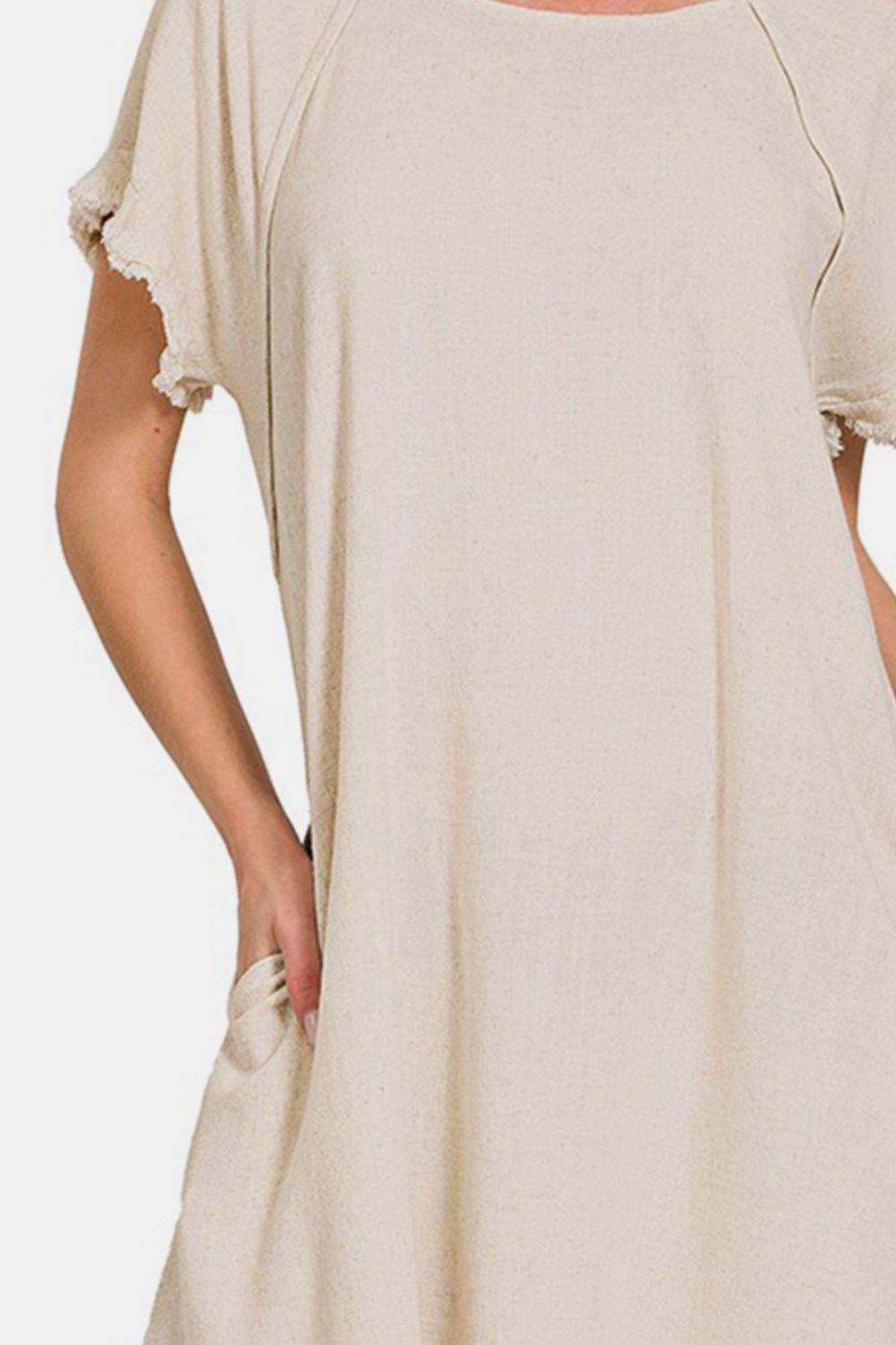 Light Beige Fringe Hem High Low Flowy Dress with Pockets