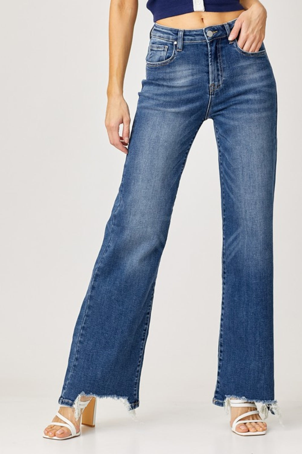 Women's Western High Rise Frayed Hem Wide Leg Jeans