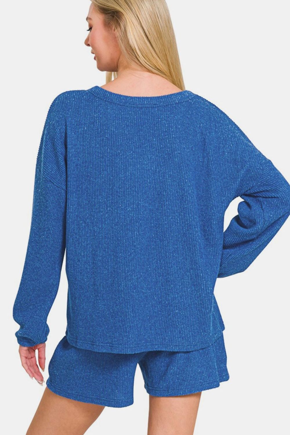 Womens Blue V-Neck Long Sleeve Ribbed Top and Shorts Lounge Set