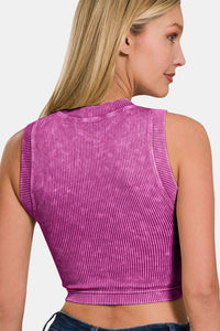 Womens Plum Washed Ribbed Workout Crop Tank with Padding