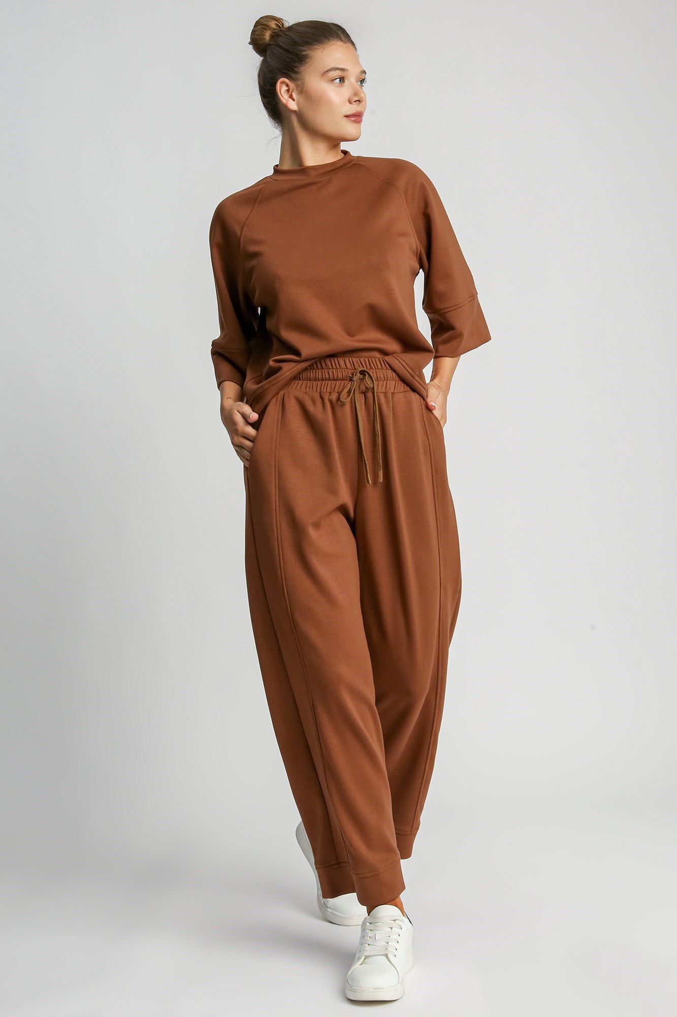 Women's Brown Bronze Drawstring Wide Leg Sweatpants with Pockets