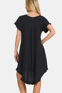 Black Fringe Hem High Low Flowy Dress with Pockets