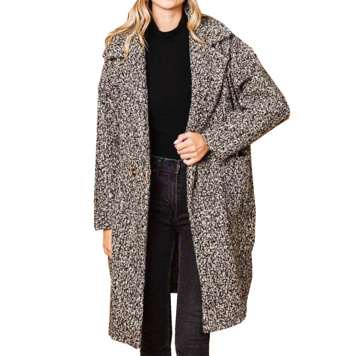 Women's Black Beige Long Teddy Coat with Side Front Pockets