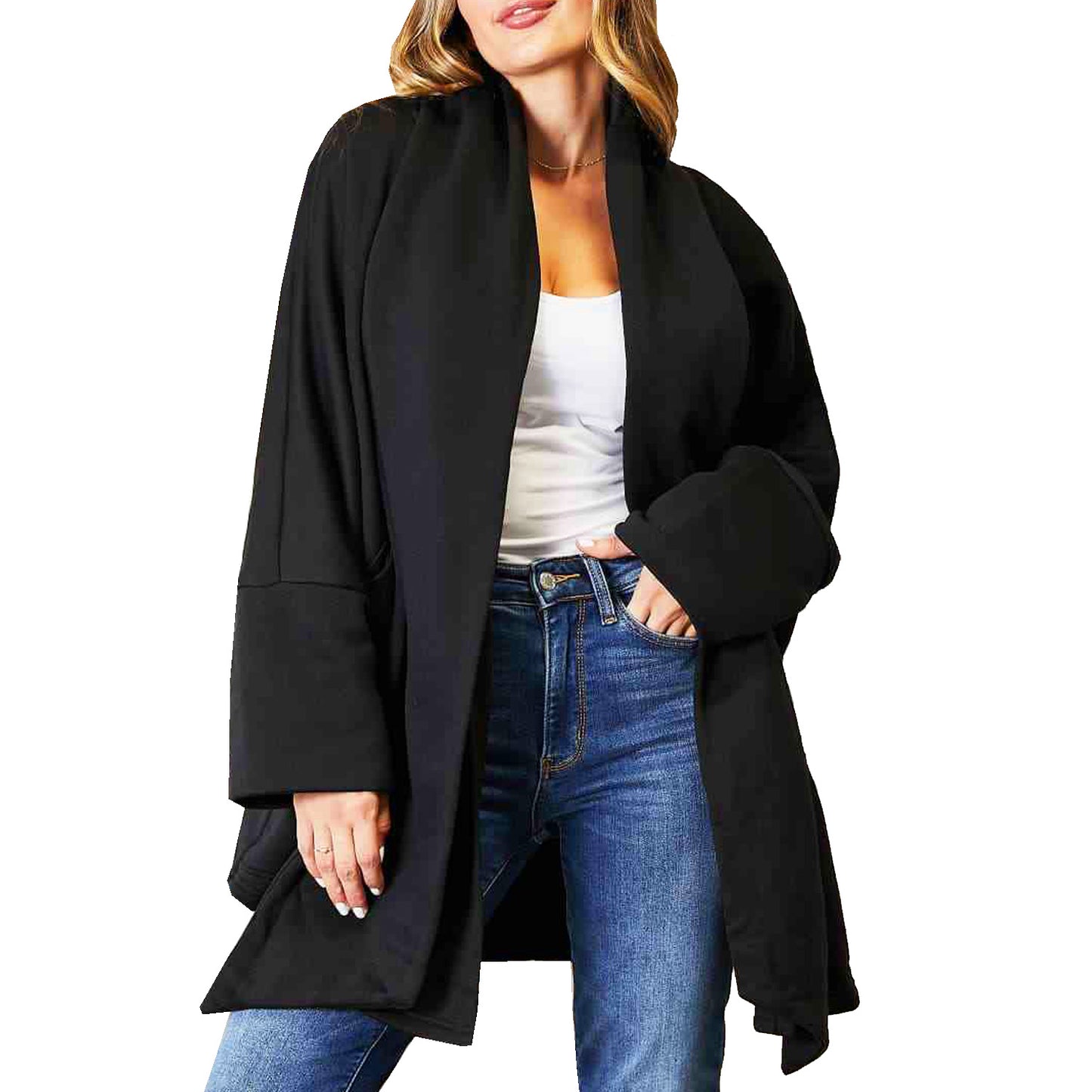 Womens Black Open Front Long Cardigan with Wrap Around Scarf