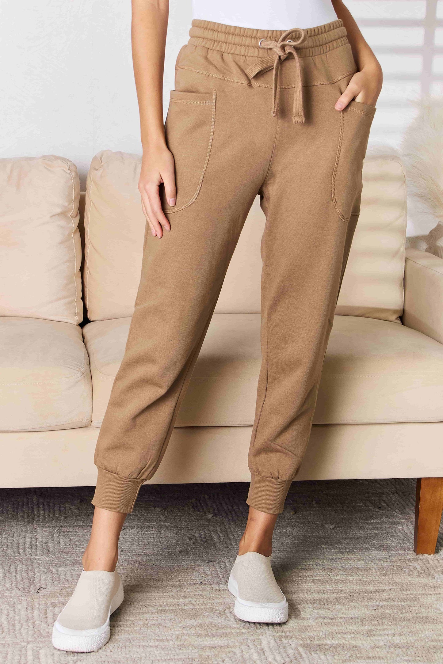 Women's Brown Capri Drawstring Jogger Sweatpants with Pockets