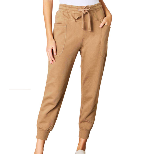 Women's Brown Capri Drawstring Jogger Sweatpants with Pockets