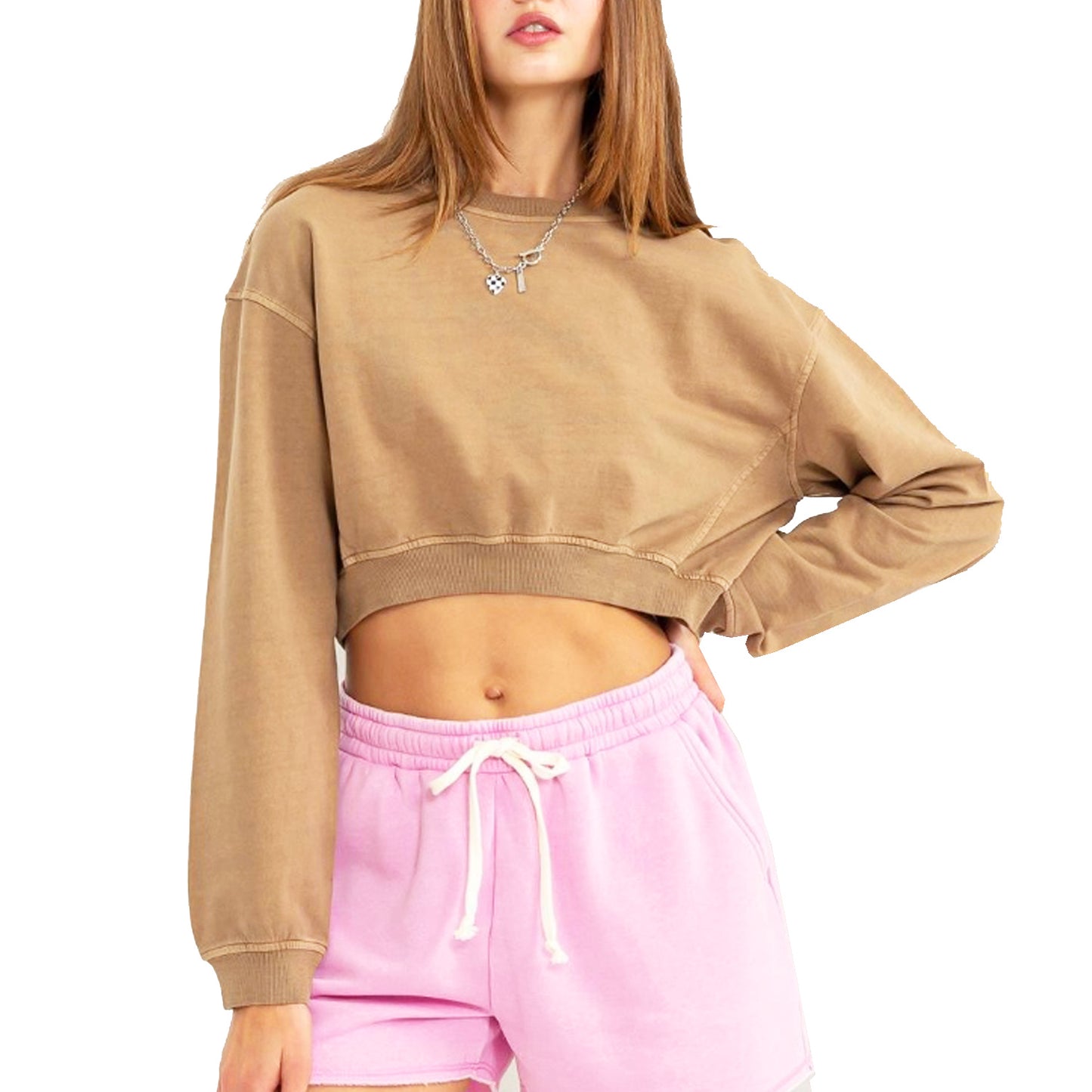 Women's Brown Cropped Crewneck Pullover Sweatshirt