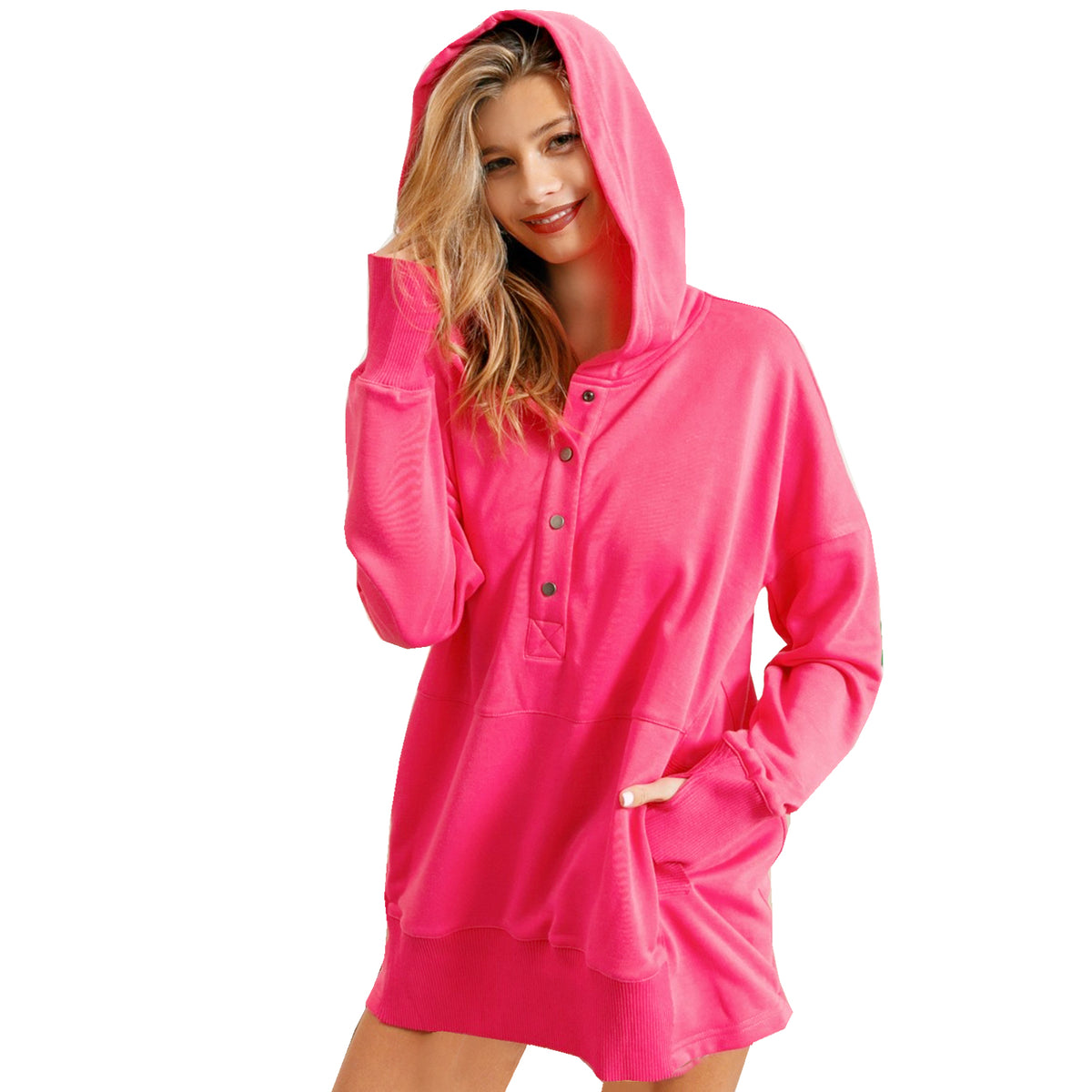 Women's Fuchsia Oversized Tunic Pullover Hoodie with Thumb Holes ...