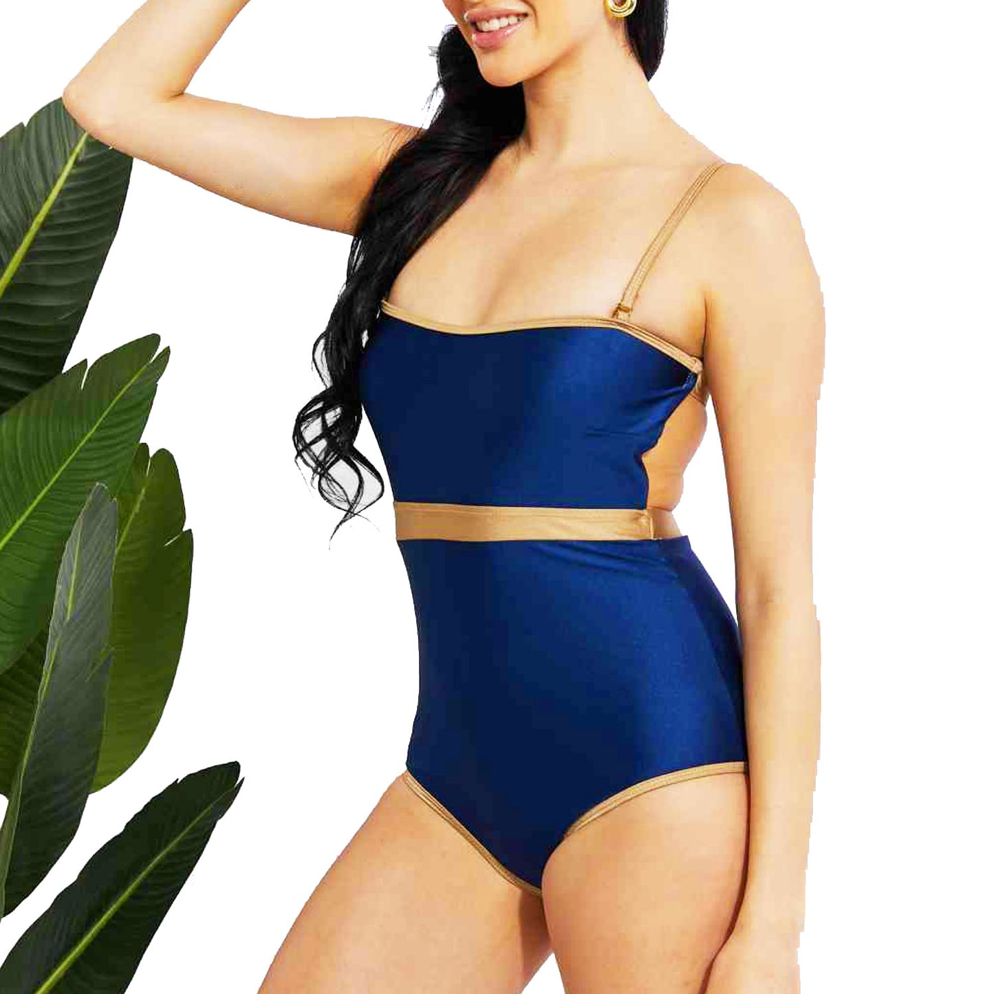 Women's Navy Gold One Piece Swimsuit Open Back