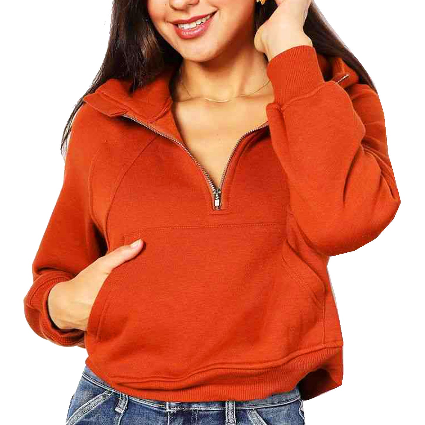 Womens Orange Half Zip-Up Long Sleeve Hoodie with Pockets