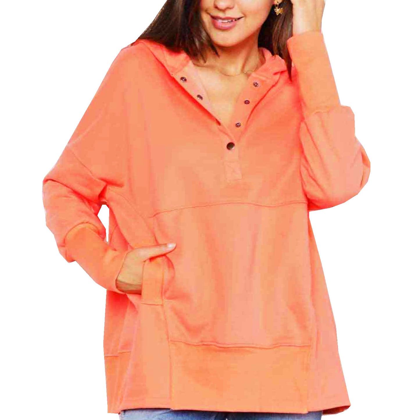 Womens Orange Quarter Snap Button Up Dropped Shoulder Hoodie Tunic