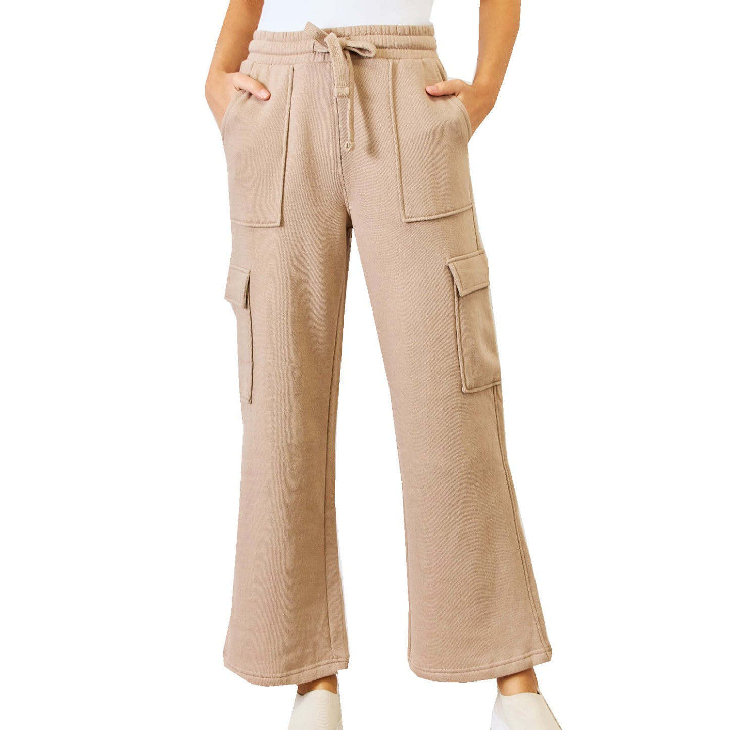 Women's Tan Beige Drawstring Sweatpants Wide Leg Flare Cargo Pockets