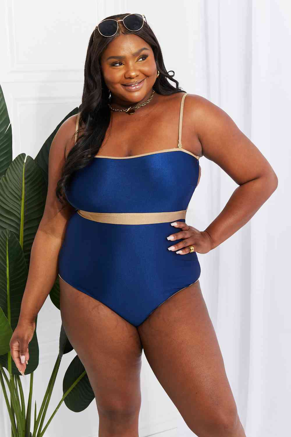 Women's Navy Gold One Piece Swimsuit Open Back