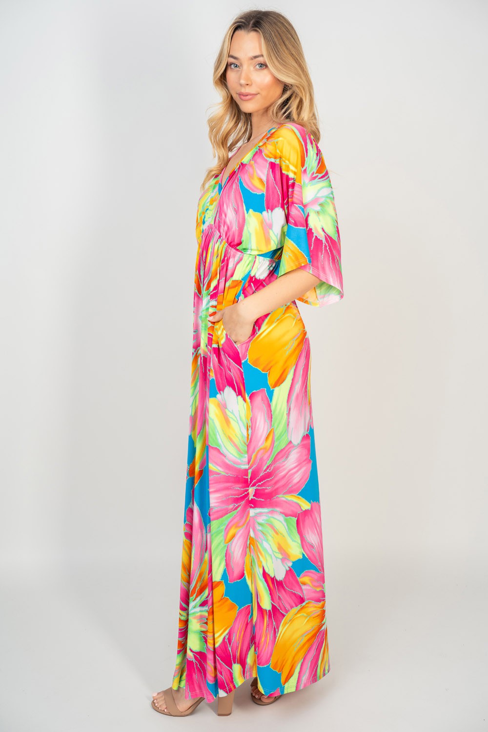 Women's Floral V-Neck Mid Sleeve Maxi Dress with Pockets