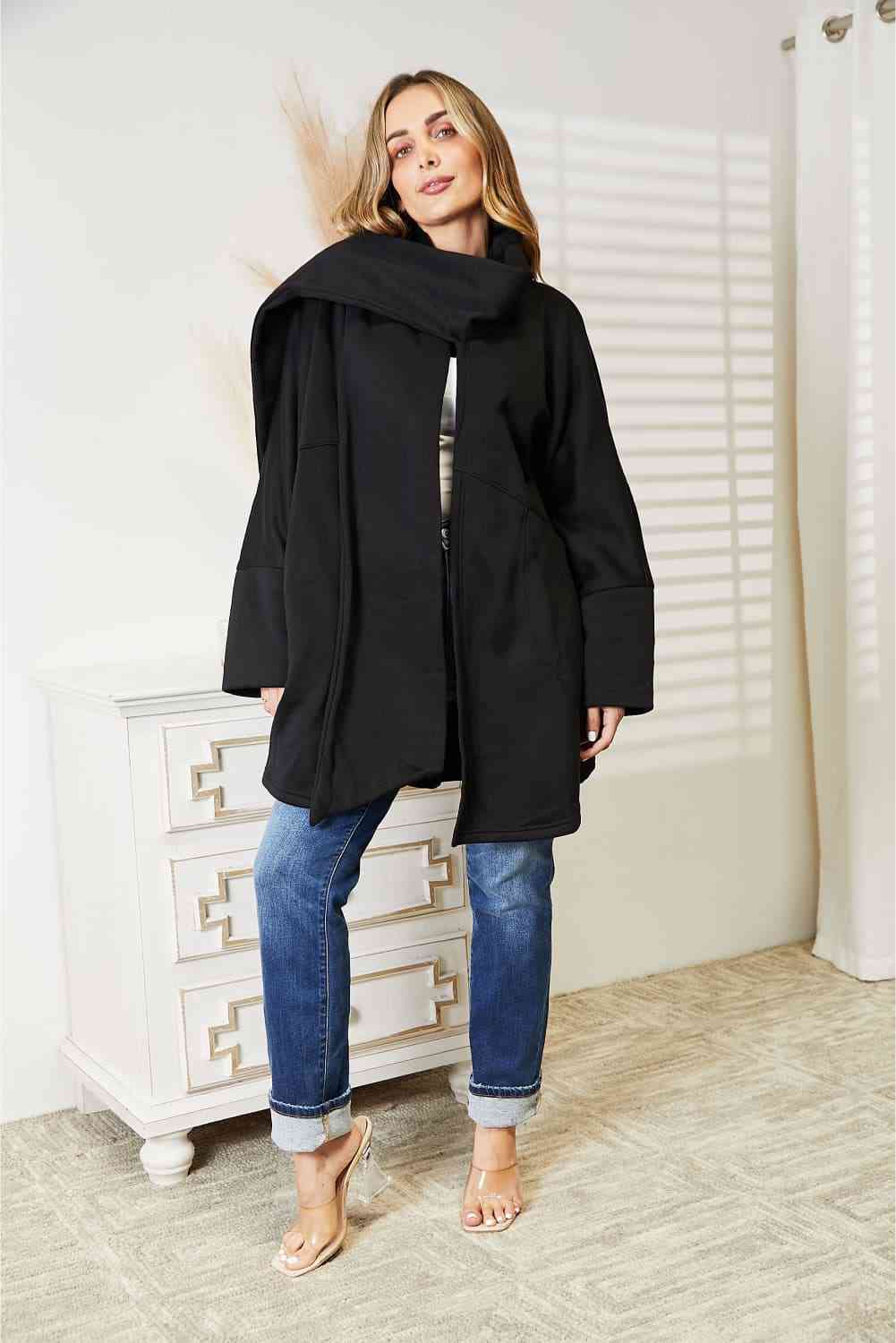 Womens Black Open Front Long Cardigan with Wrap Around Scarf