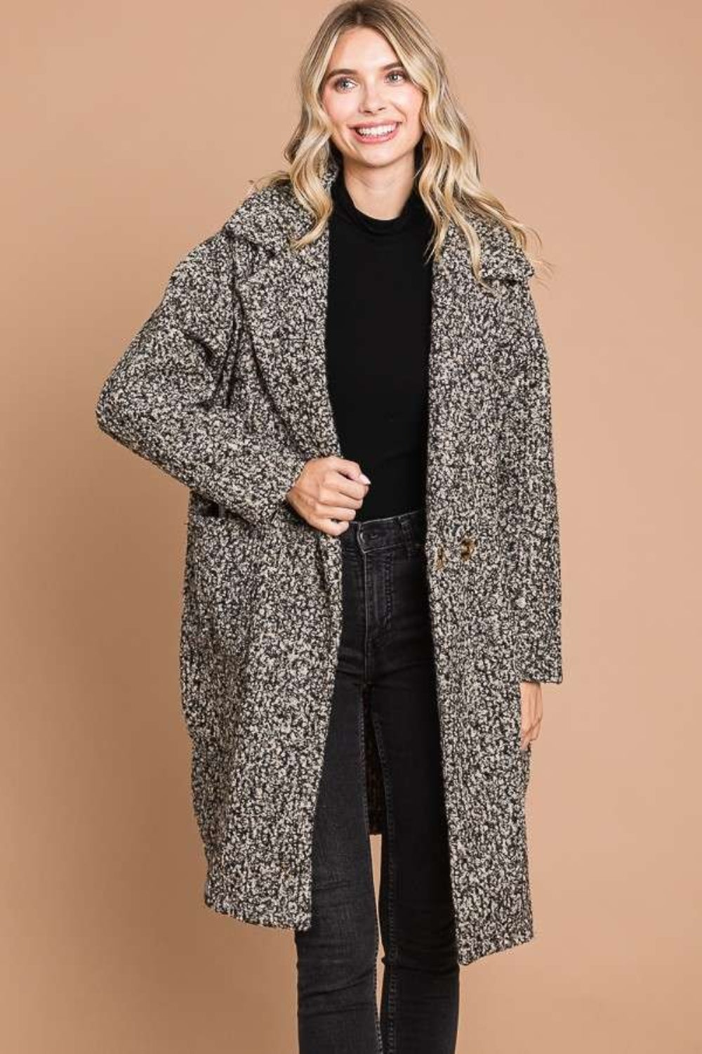 Women's Black Beige Long Teddy Coat with Side Front Pockets