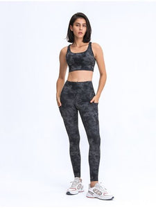 Waistband Printed Workout Leggings with Thigh Pockets