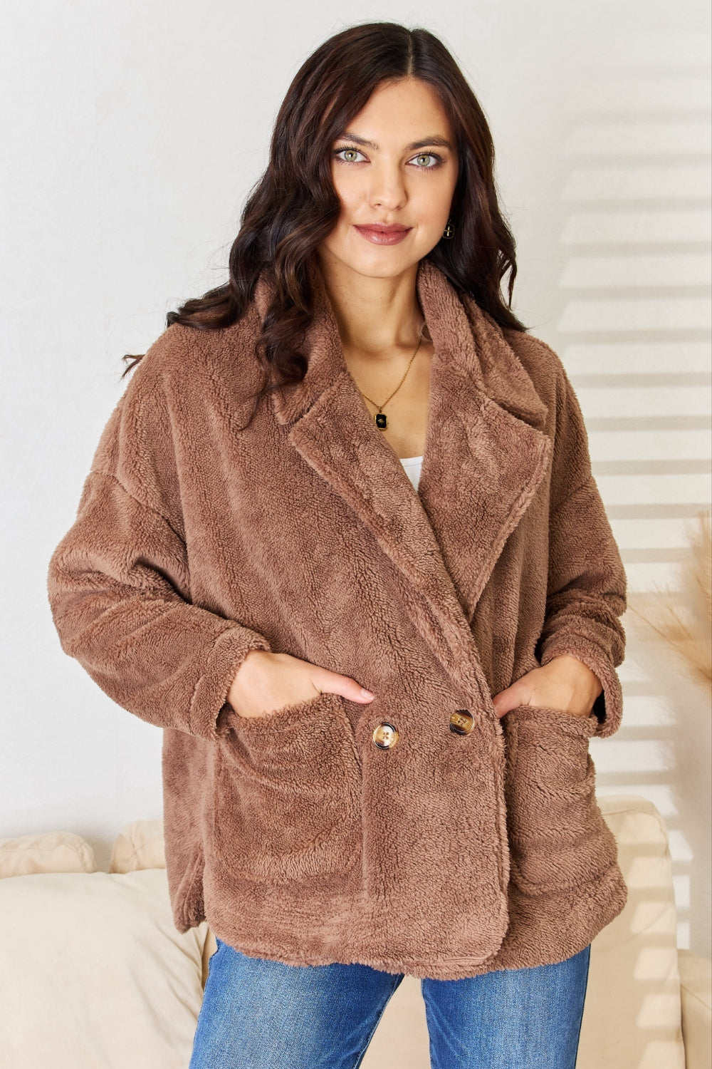 Women's Western Brown Sherpa Fleece Teddy Jacket Collared with Pockets