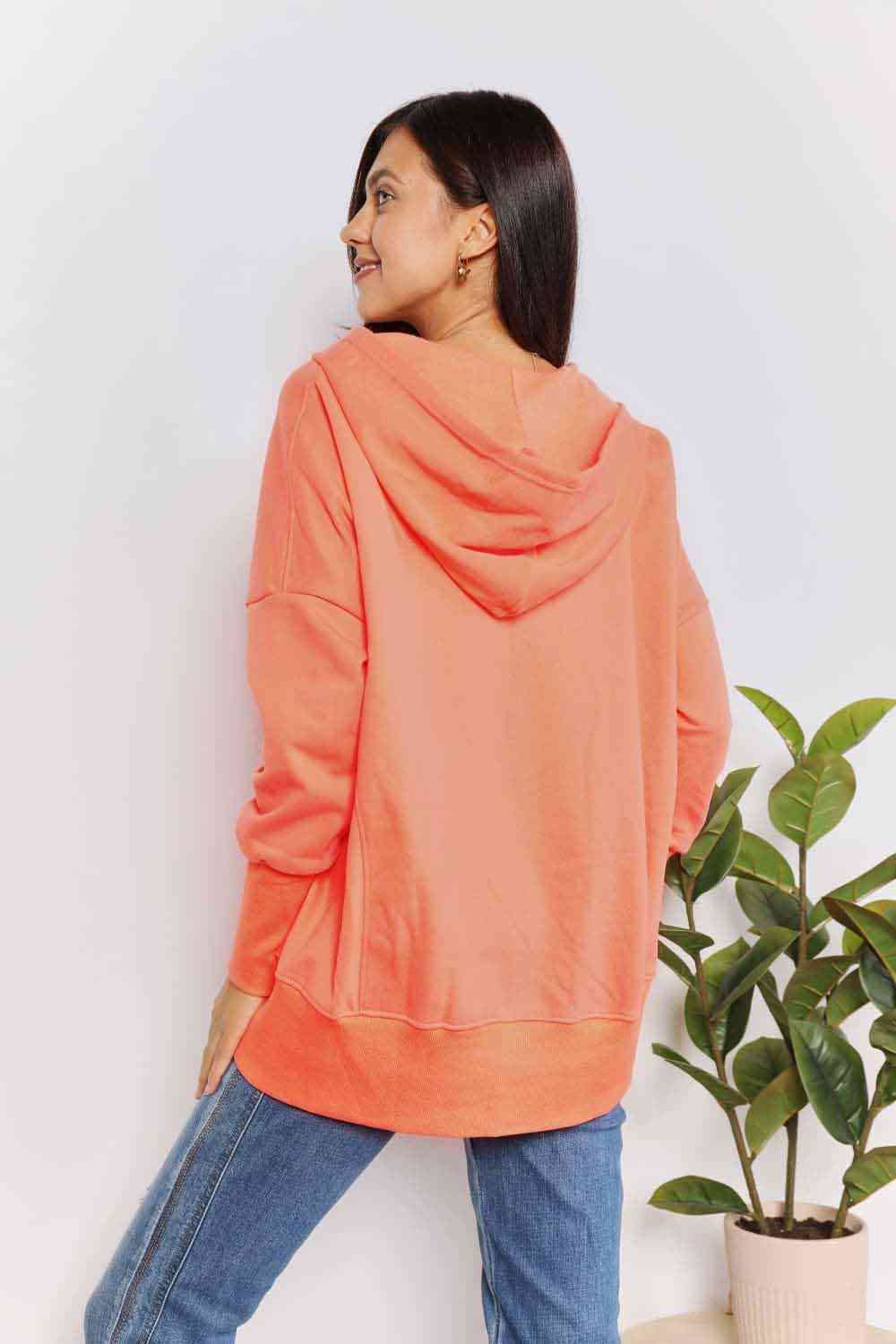 Womens Orange Quarter Snap Button Up Dropped Shoulder Hoodie Tunic