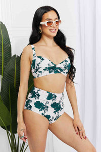 Women's White and Green Floral High Waist Vintage Swimsuit Bikini