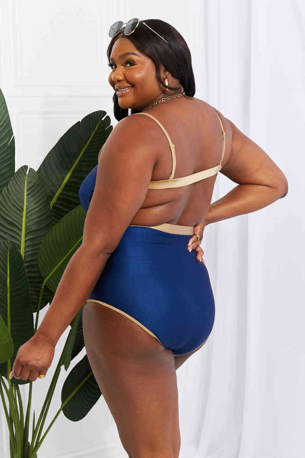 Women's Navy Gold One Piece Swimsuit Open Back