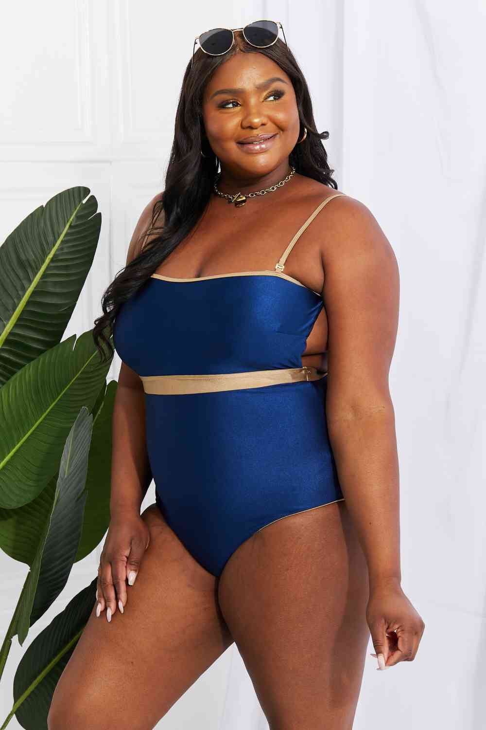 Women's Navy Gold One Piece Swimsuit Open Back