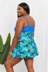 Women's Blue Tropical Floral V Neck Swimsuit Swimdress