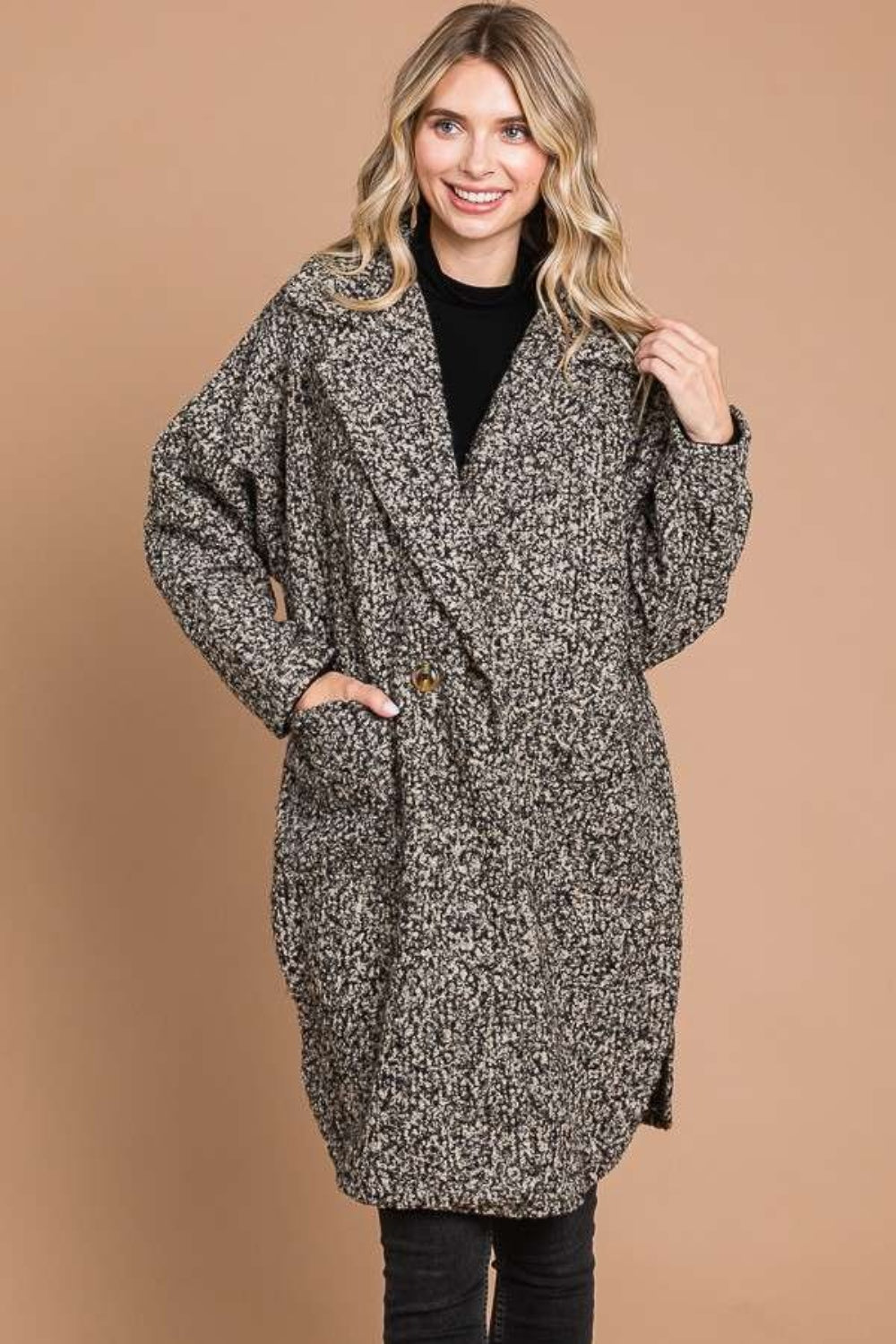 Women's Black Beige Long Teddy Coat with Side Front Pockets