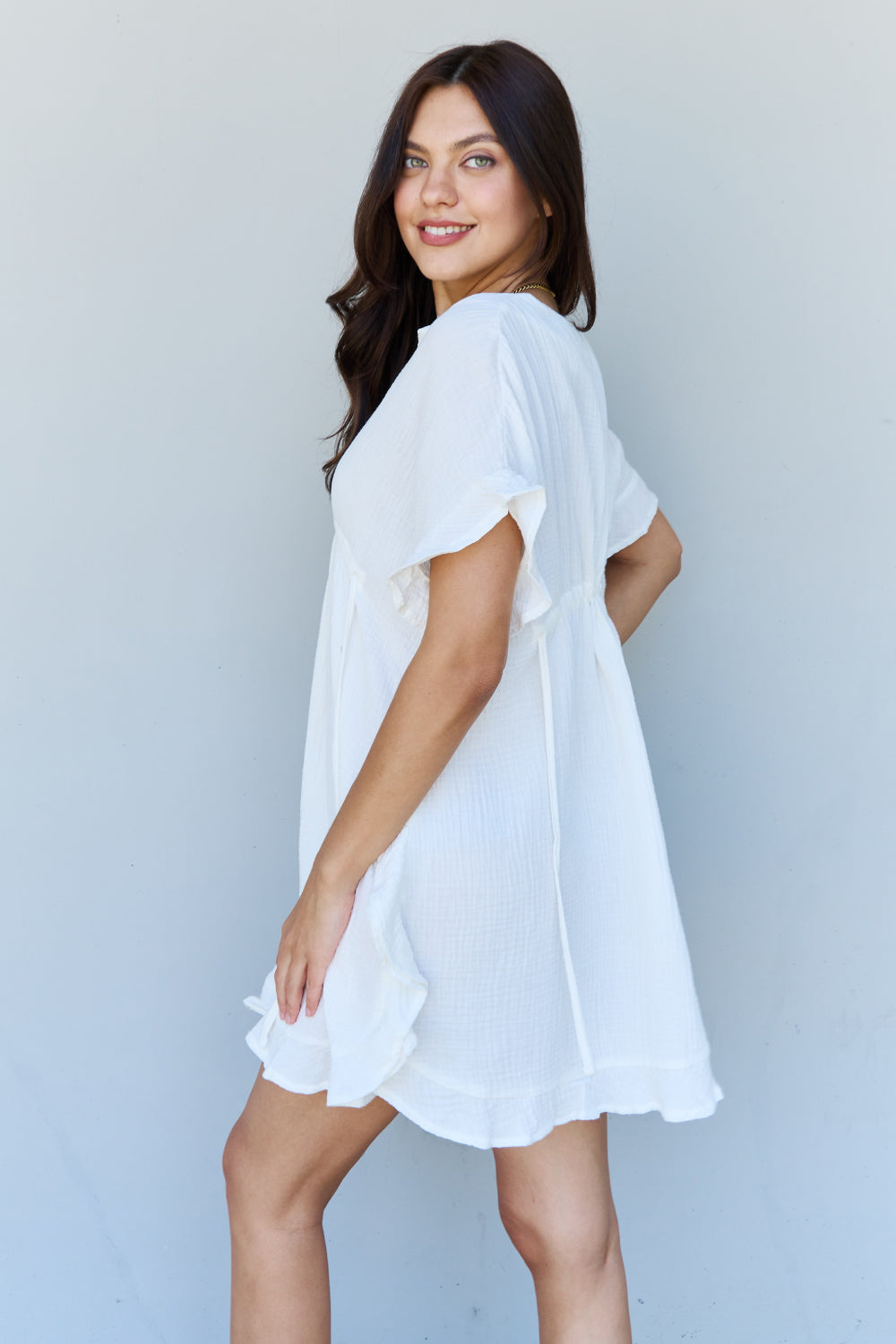 Women's White Cotton Drawstring Front Mini Short Sundress