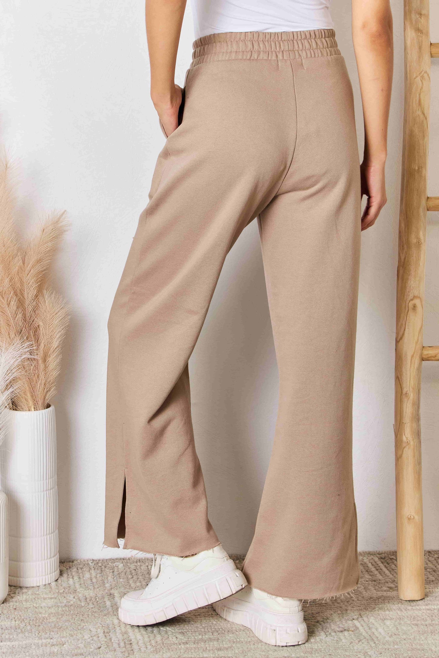 Women's Tan Beige Relaxed Wide Leg Slit Pants with Pockets