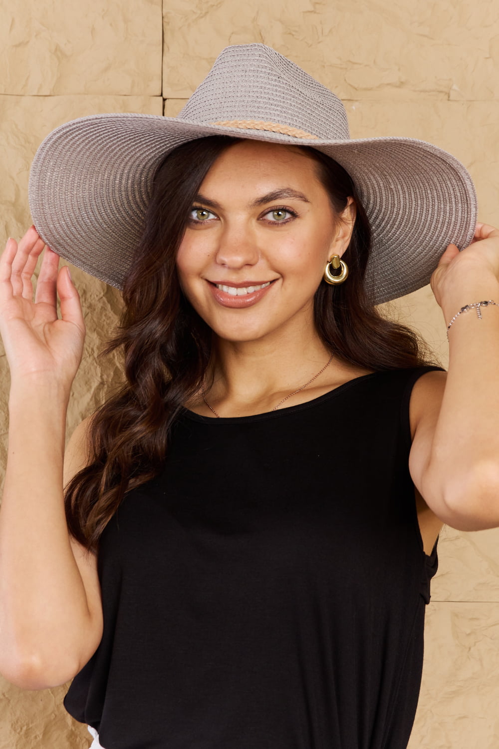 Women's Light Grey Straw Pool Hat with Tan Braided String