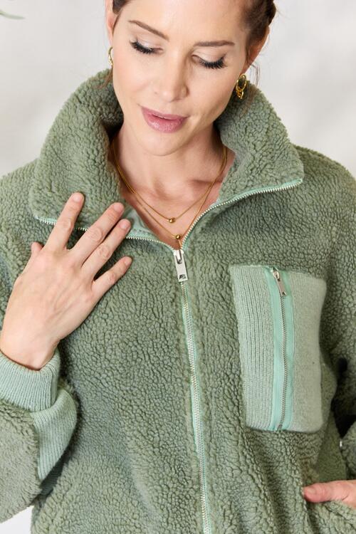 Womens Green Sherpa Fleece Full Zip Collared Jacket