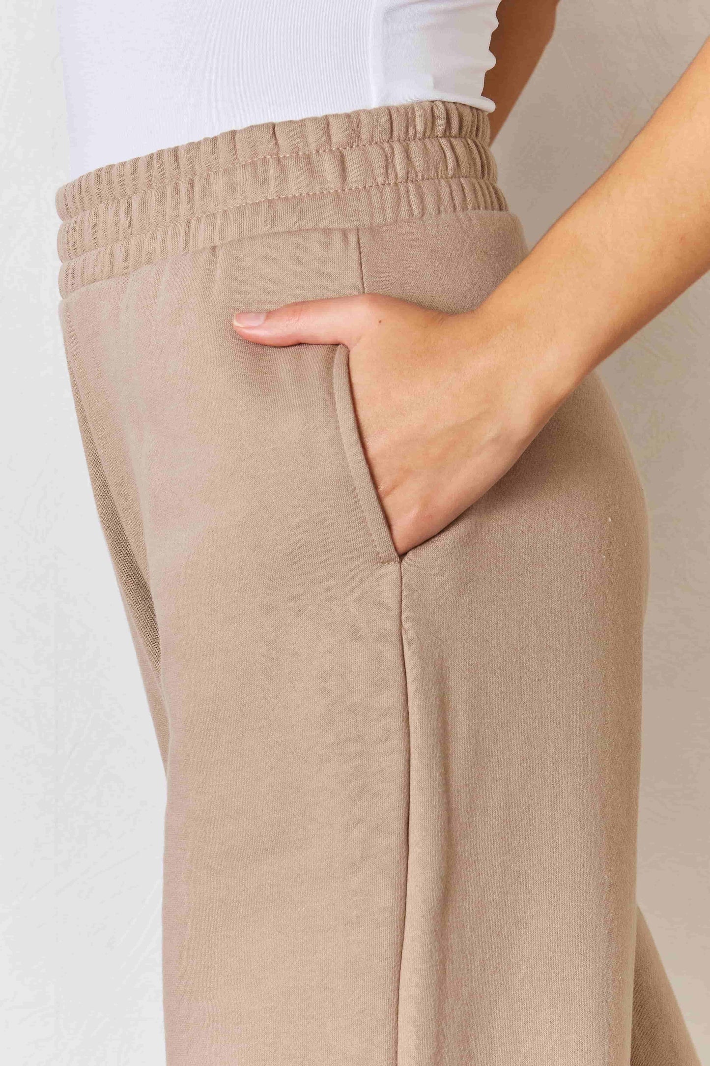 Women's Tan Beige Relaxed Wide Leg Slit Pants with Pockets