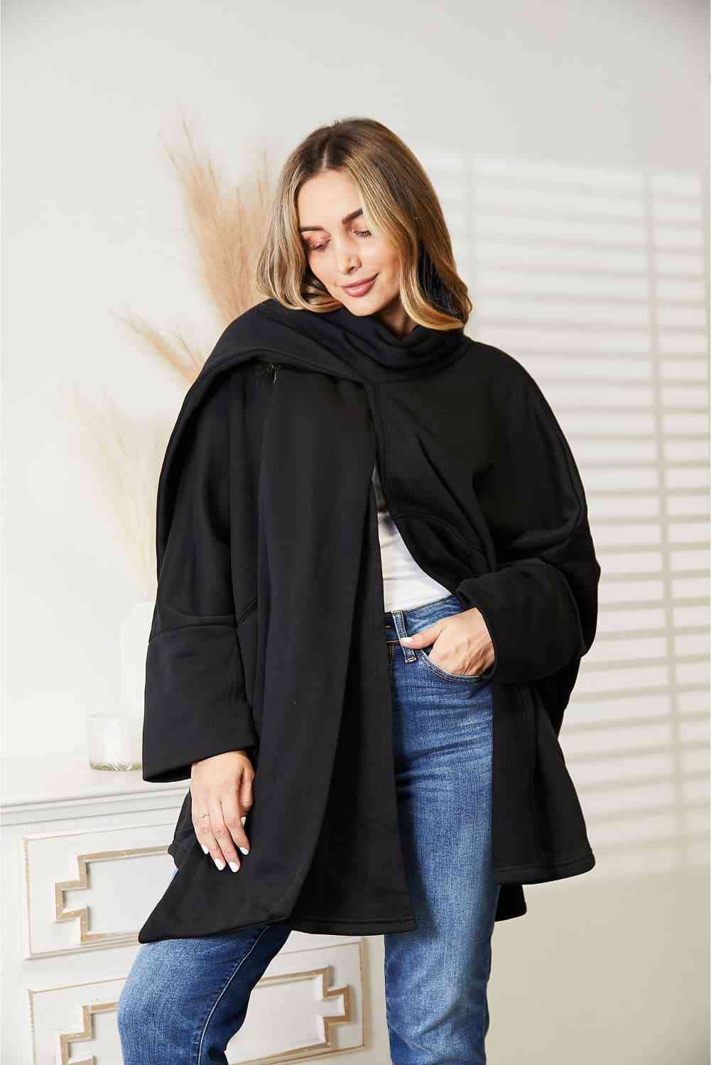 Womens Black Open Front Long Cardigan with Wrap Around Scarf