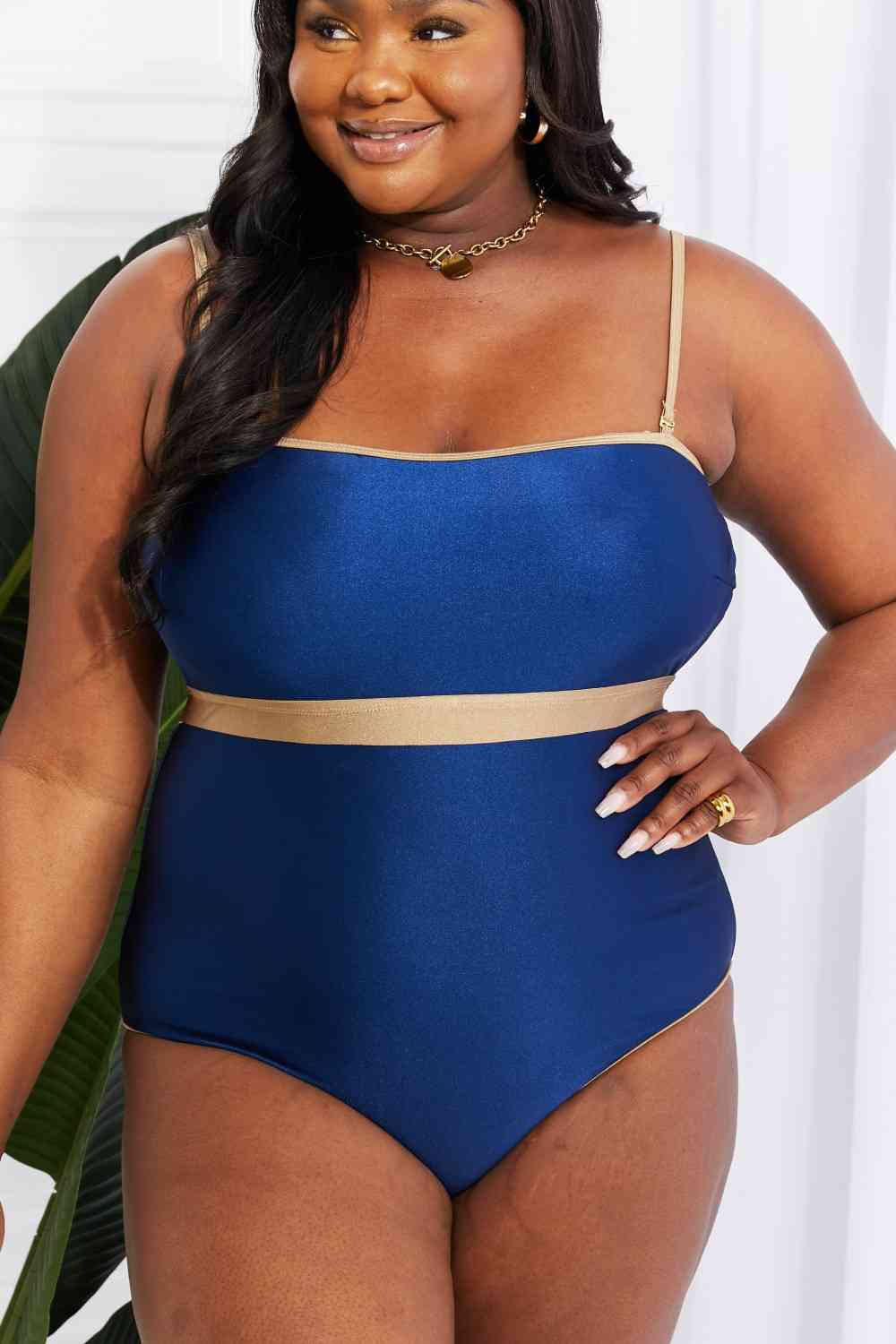 Women's Navy Gold One Piece Swimsuit Open Back