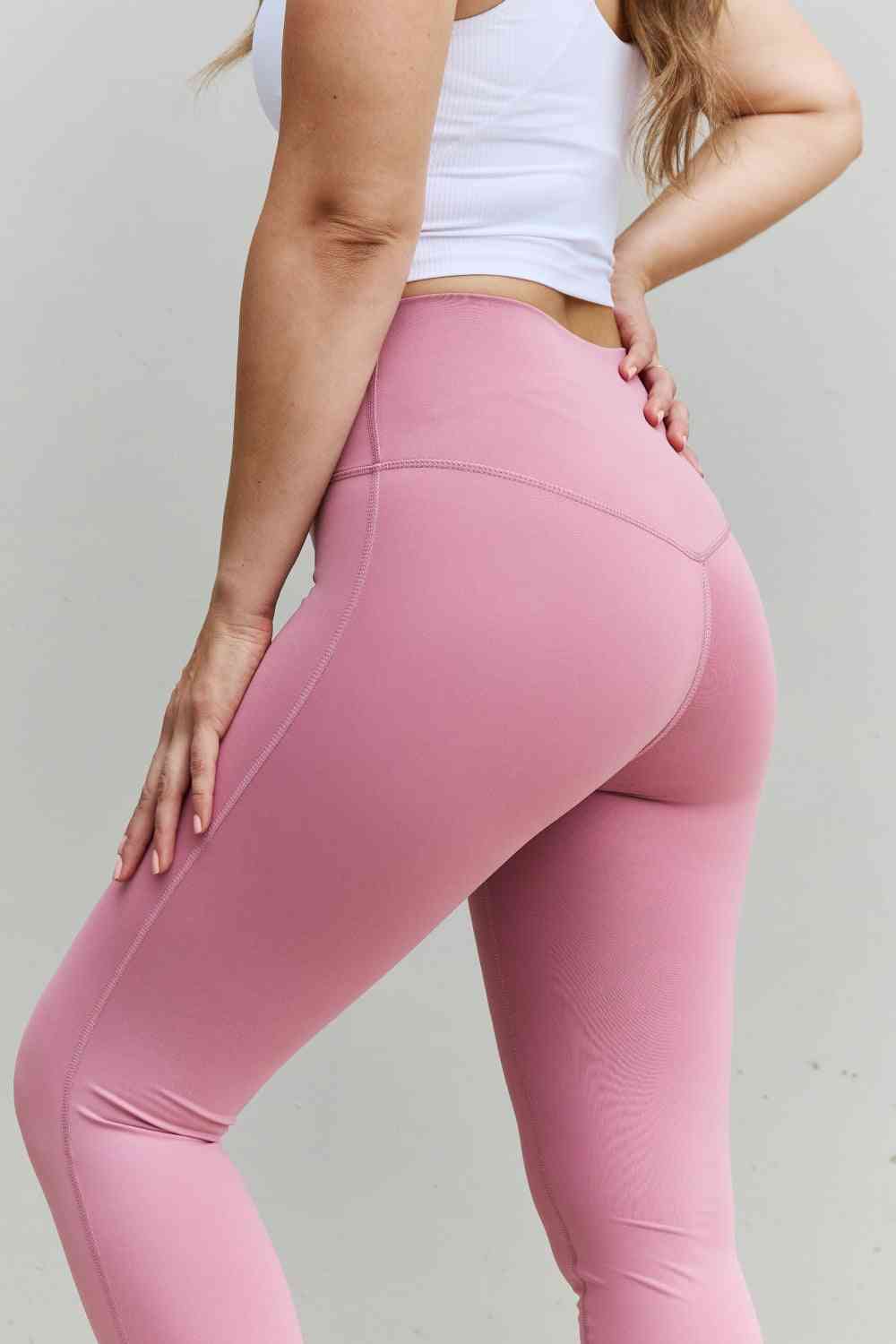 Womens Pink Rose High Waist Athletic Leggings