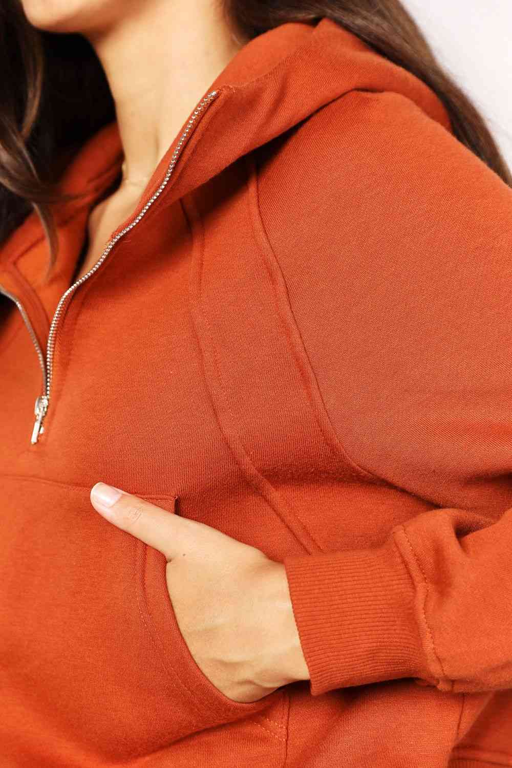 Womens Orange Half Zip-Up Long Sleeve Hoodie with Pockets