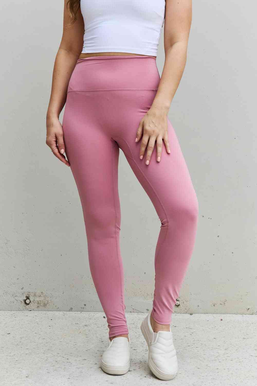 Womens Pink Rose High Waist Athletic Leggings