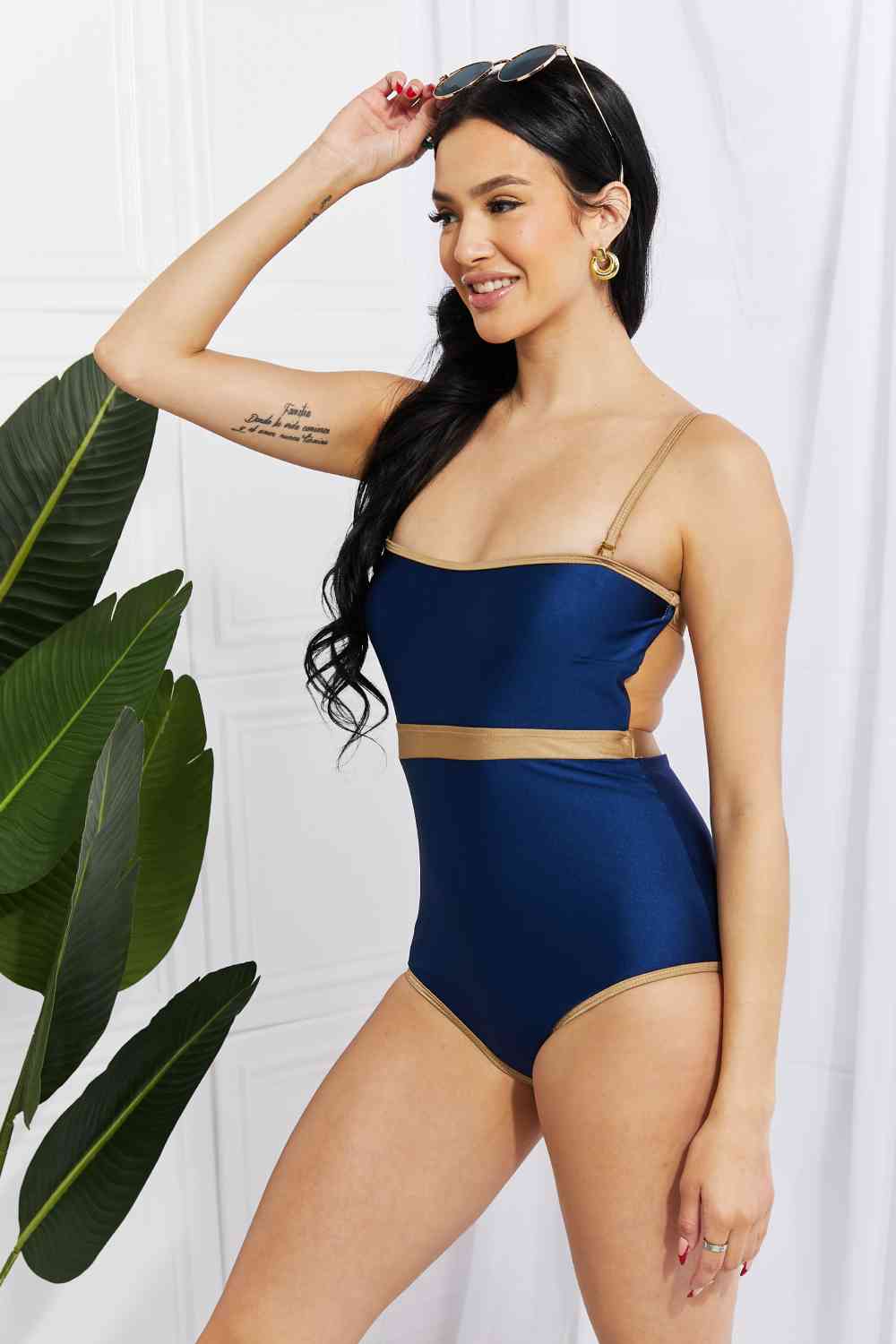 Women's Navy Gold One Piece Swimsuit Open Back