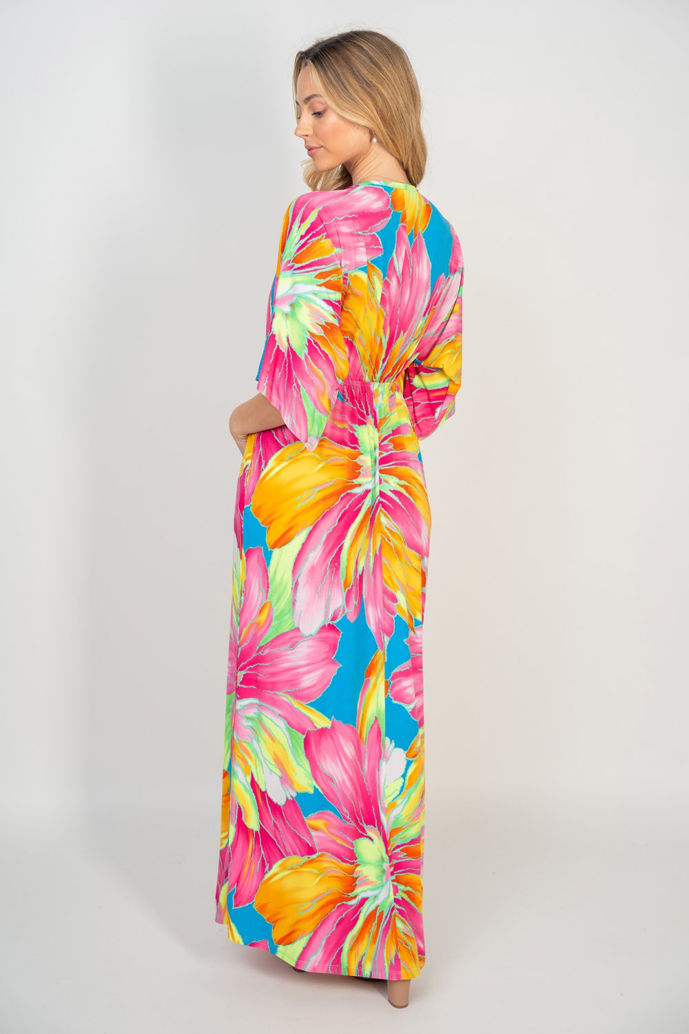 Women's Floral V-Neck Mid Sleeve Maxi Dress with Pockets