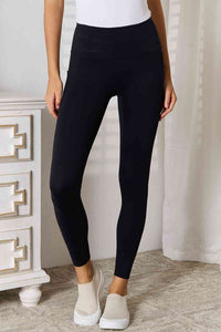 Womens Black Wide Waistband Athletic Leggings with Pockets