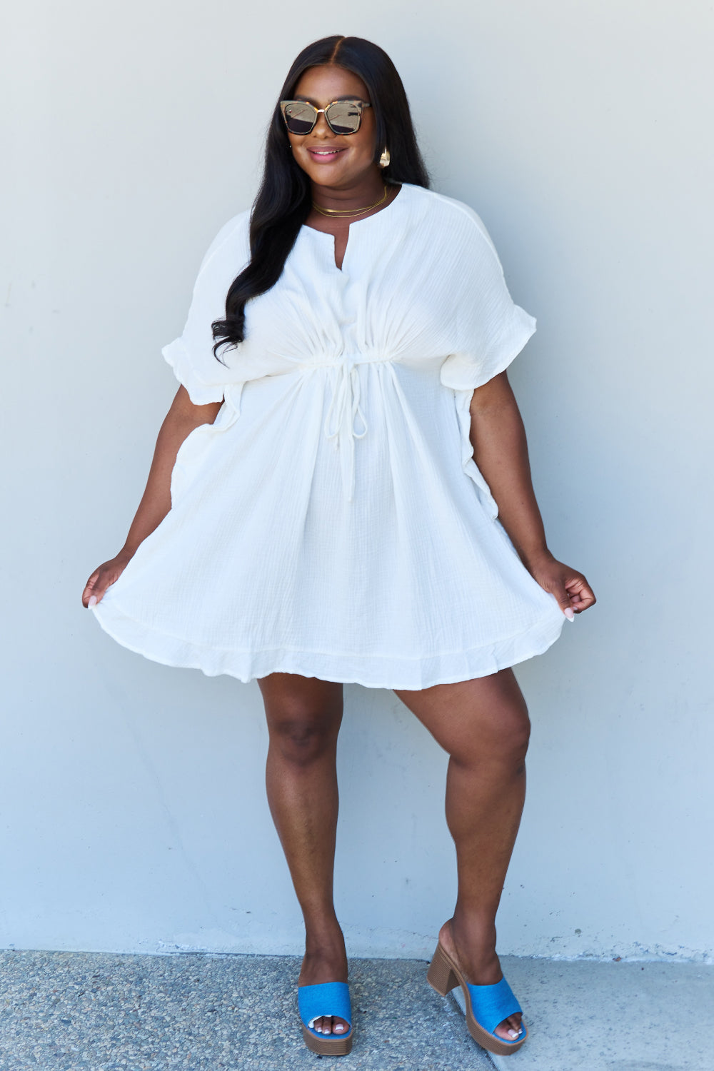 Women's White Cotton Drawstring Front Mini Short Sundress